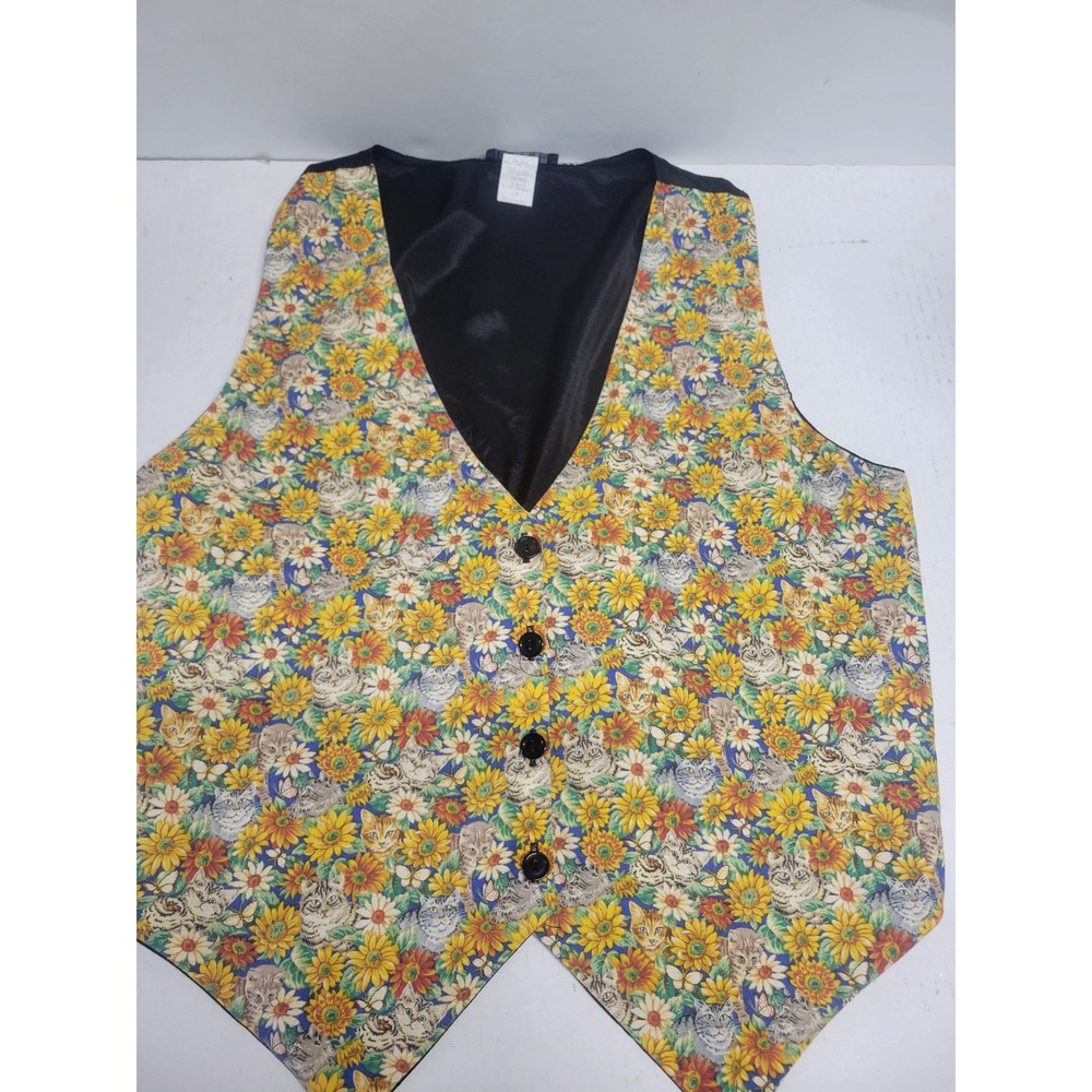 111 Main Vintage Cat and Sunflower Print Button Front Vest L/XL Cotton